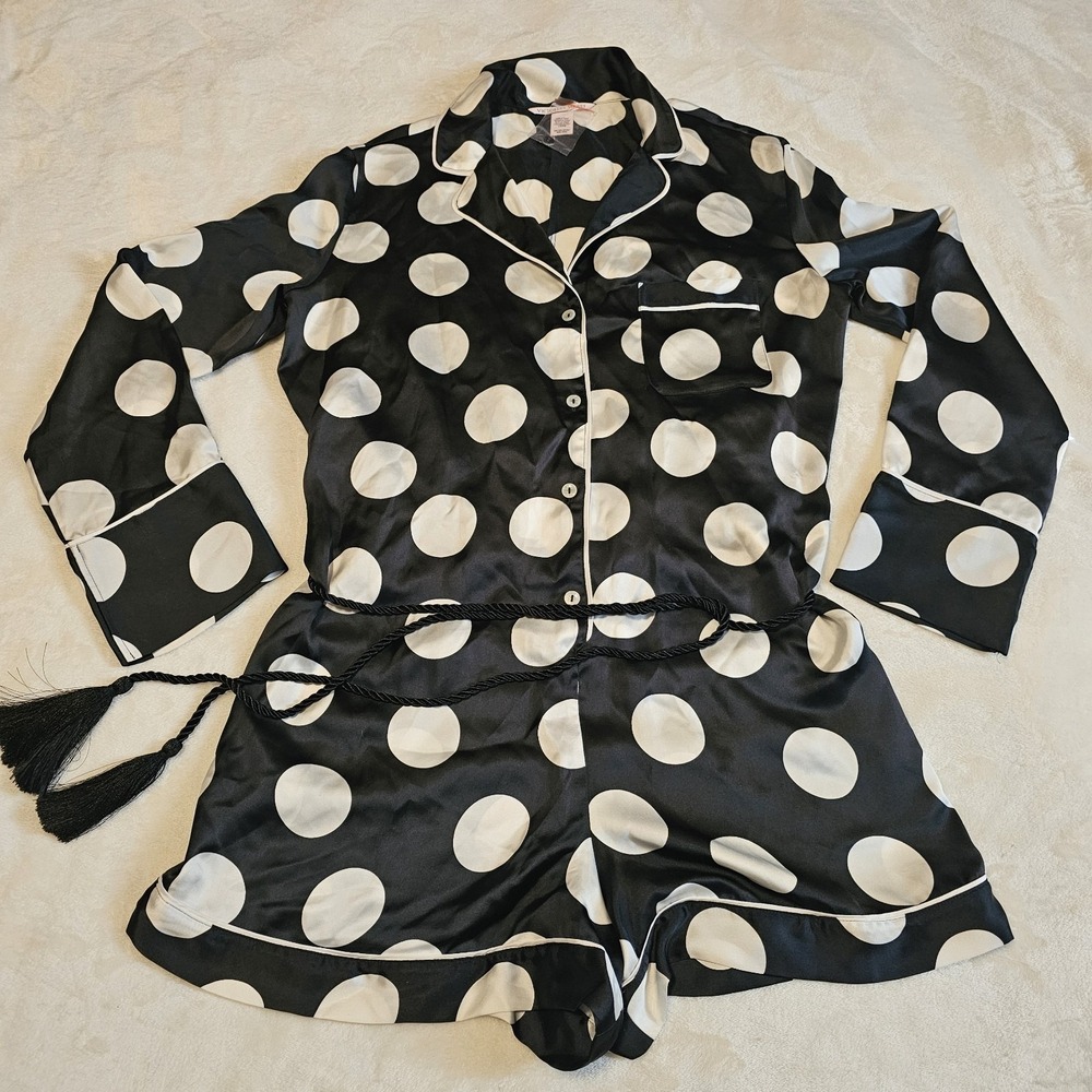 Victoria's Secret XXSmall NWOT Black & White Polka Dot Satin Romper with Tassel